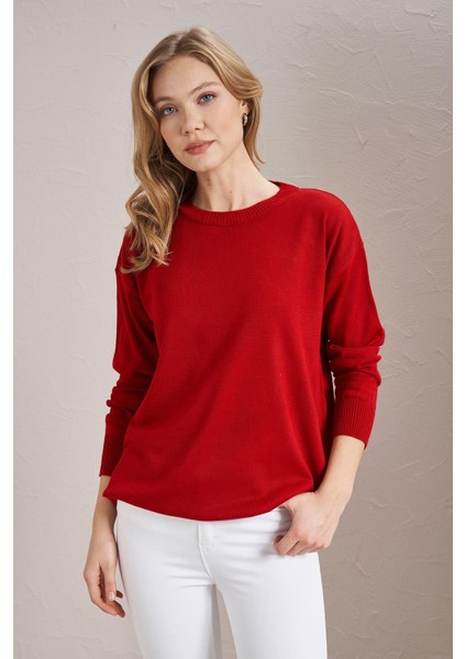 Kadın Kırmızı Bisiklet Yaka Basic Triko Kazak