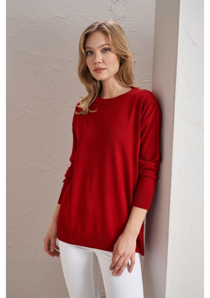 Kadın Kırmızı Bisiklet Yaka Basic Triko Kazak modelleri
