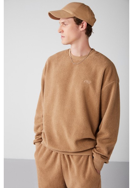 Benjamın Erkek Polar Kalın Dokulu Nakışlı Yuvarlak Yakalı Kahverengi Sweatshirt