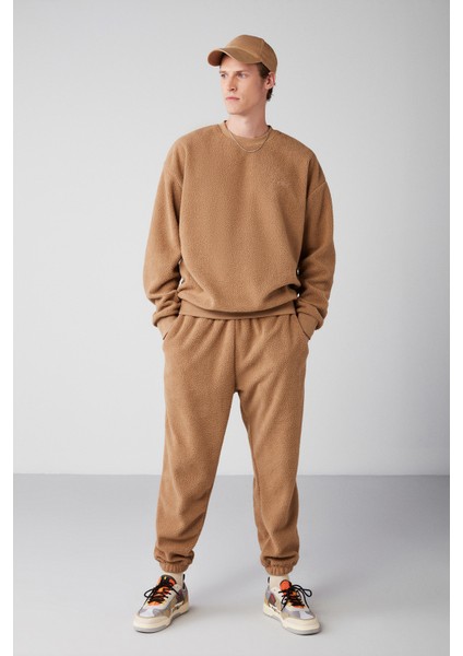 Benjamın Erkek Polar Kalın Dokulu Nakışlı Yuvarlak Yakalı Kahverengi Sweatshirt