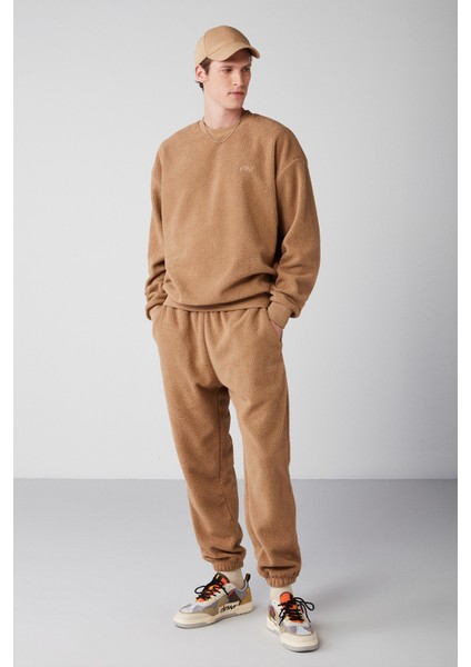 Benjamın Erkek Polar Kalın Dokulu Nakışlı Yuvarlak Yakalı Kahverengi Sweatshirt