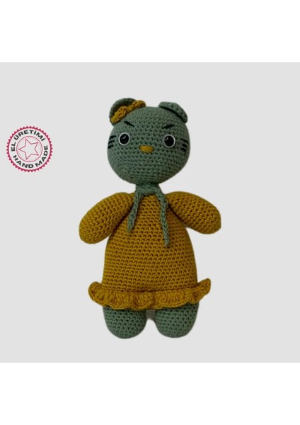 Uretti El Yapımı Amigurumi Sarı Elbiseli Yeşil Kedi - 21 cm