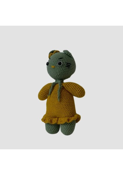 Uretti El Yapımı Amigurumi Sarı Elbiseli Yeşil Kedi - 21 cm