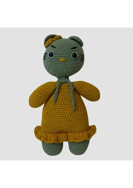 Uretti El Yapımı Amigurumi Sarı Elbiseli Yeşil Kedi - 21 cm