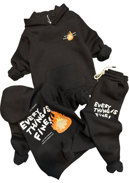 Erkek Çocuk Alev ve Yazı Baskılı Çift Tarafbaskı Sweatshirt Penye Siyah Eşofman Takım