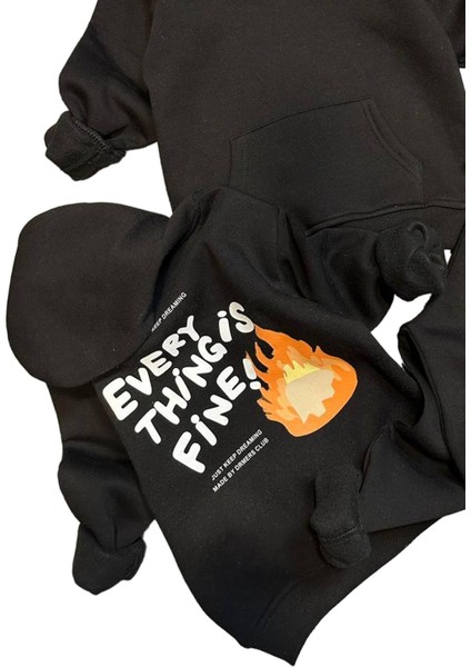 Erkek Çocuk Alev ve Yazı Baskılı Çift Tarafbaskı Sweatshirt Penye Siyah Eşofman Takım