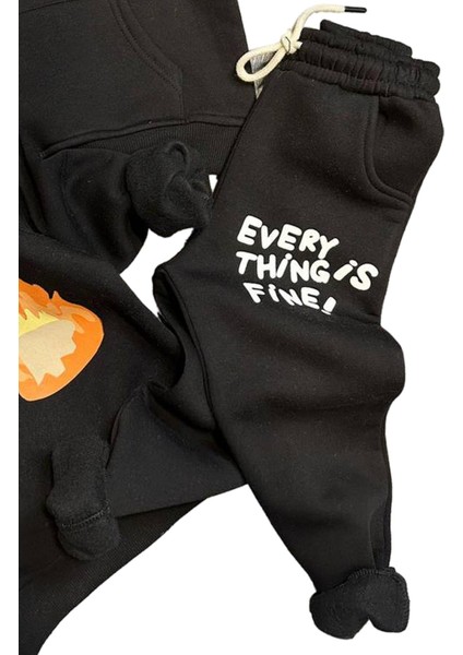 Erkek Çocuk Alev ve Yazı Baskılı Çift Tarafbaskı Sweatshirt Penye Siyah Eşofman Takım