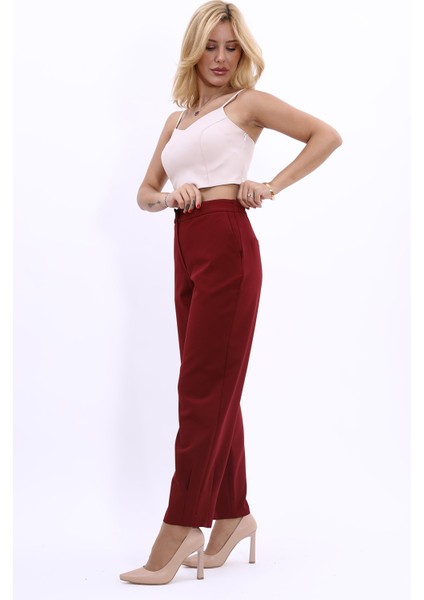 Paçası Pileli Pantolon-Bordo