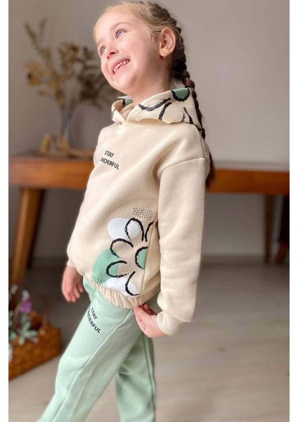 Kız Çocuk Stay Wonderful Çiçek Desenli Içi Pamuklu Yeşil Eşofman Takım