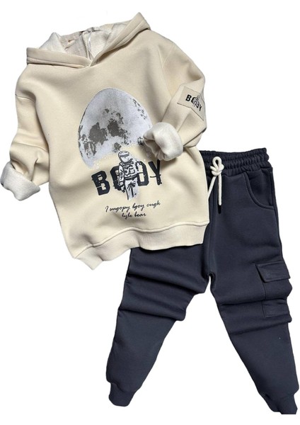 Erkek Çocuk Kapüşonlu Uzay ve Astronot Baskılı Şardonlu Siyah Eşofman Takım