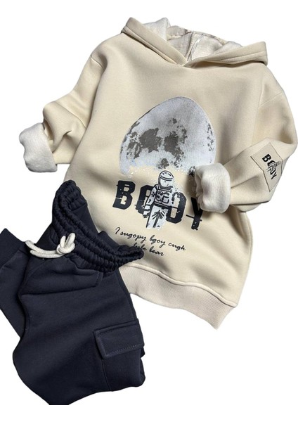 Erkek Çocuk Kapüşonlu Uzay ve Astronot Baskılı Şardonlu Siyah Eşofman Takım fiyatları