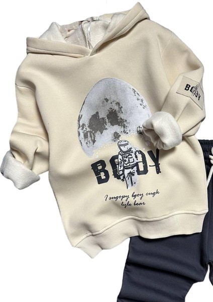 Erkek Çocuk Kapüşonlu Uzay ve Astronot Baskılı Şardonlu Siyah Eşofman Takım modelleri