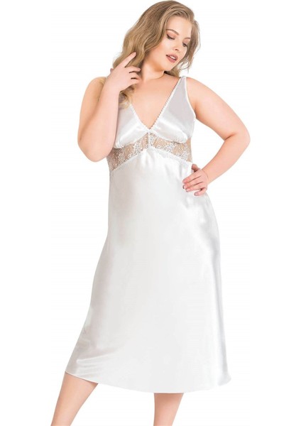 Büyük Beden Ekru Uzun Ikili Saten Sabahlık Gecelik Takımı