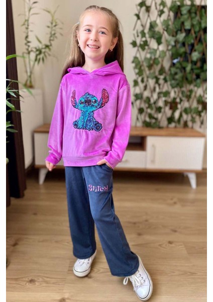 Kız Çocuk Stitch Karakter Baskılı Pullu Sweatshirt Mor Kadife Eşofman Takım