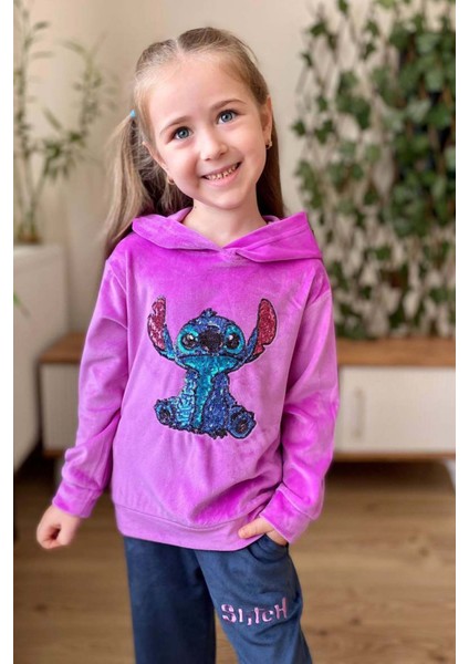 Kız Çocuk Stitch Karakter Baskılı Pullu Sweatshirt Mor Kadife Eşofman Takım fiyatları