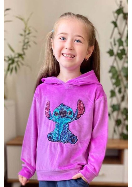 Kız Çocuk Stitch Karakter Baskılı Pullu Sweatshirt Mor Kadife Eşofman Takım modelleri