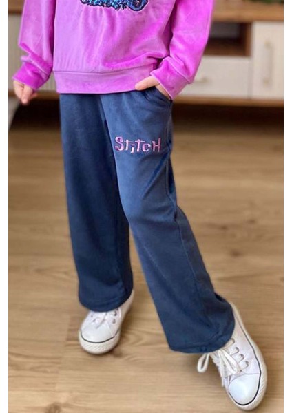 Kız Çocuk Stitch Karakter Baskılı Pullu Sweatshirt Mor Kadife Eşofman Takım fırsatları