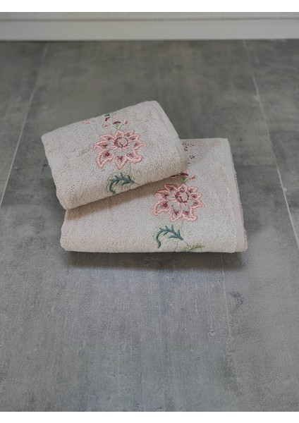 2'li Bambu Banyo Havlu Seti - Çiçek Nakışlı & Yumuşak Banyo Havlusu - Tivoli Julia -Kapuçino