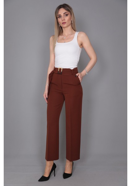 Tokalı Kemerli Pantolon-Kestane