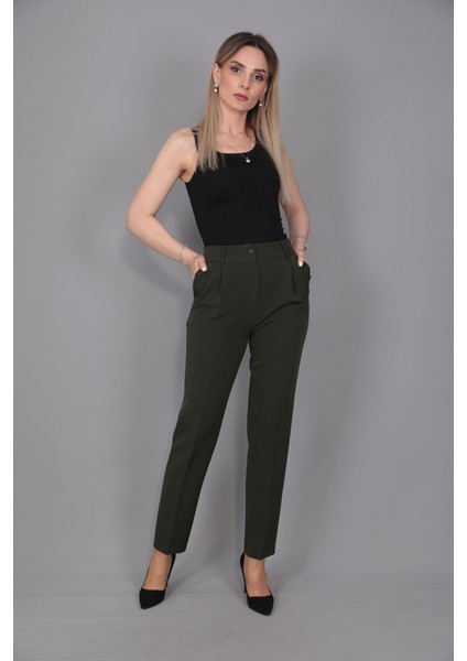 Kemerli Köprülü Dar Paça Pantolon-Haki