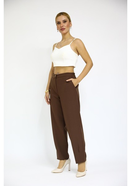 Paçası Pileli Pantolon-Kestane