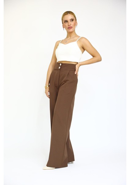 Yüksek Bel Pileli Bol Paça Pantolon-Kestane