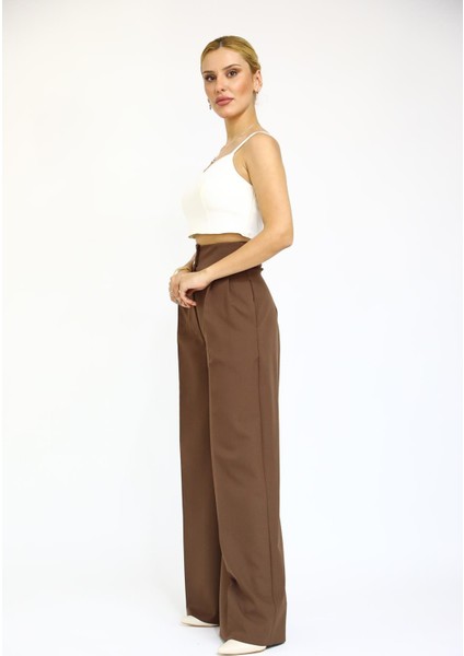 Yüksek Bel Pileli Bol Paça Pantolon-Kestane fiyatları