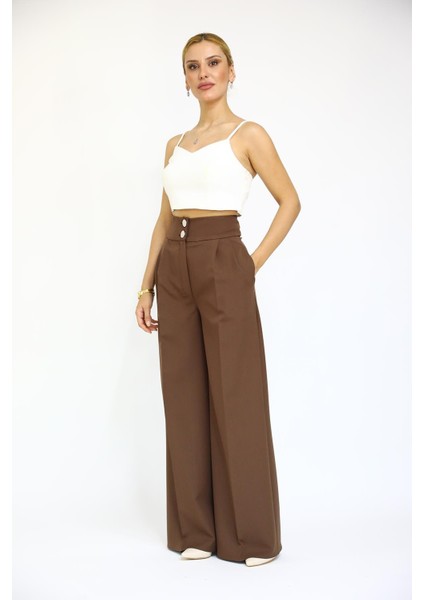 Yüksek Bel Pileli Bol Paça Pantolon-Kestane indirimleri