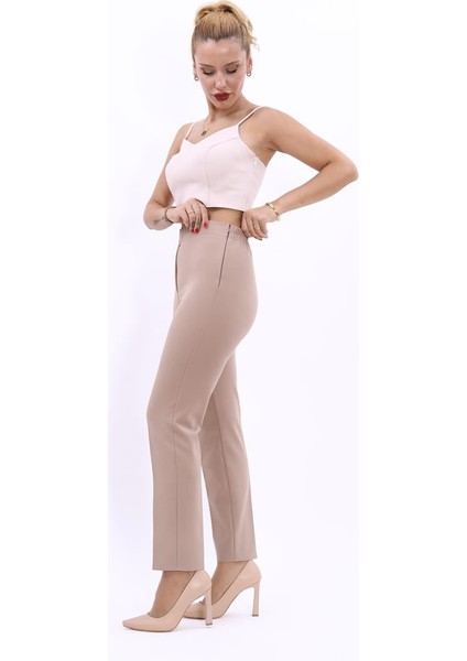 Lastikli Dar Paça Pantolon-Taş