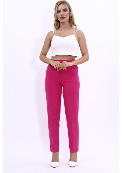 Beli Lastikli Fermuarlı Boru Paça Pantolon -Fuşya fırsatları