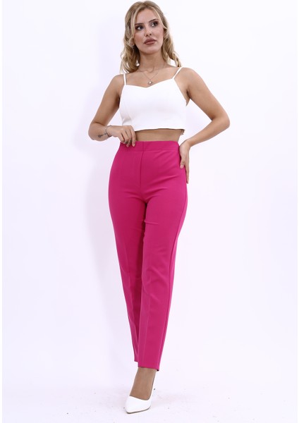 Beli Lastikli Fermuarlı Boru Paça Pantolon -Fuşya indirimleri