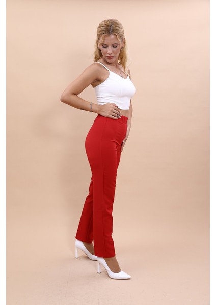 Beli Lastikli Fermuarlı Boru Paça Pantolon -Kırmızı fiyatları