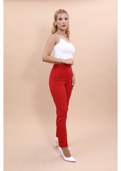 Beli Lastikli Fermuarlı Boru Paça Pantolon -Kırmızı modelleri