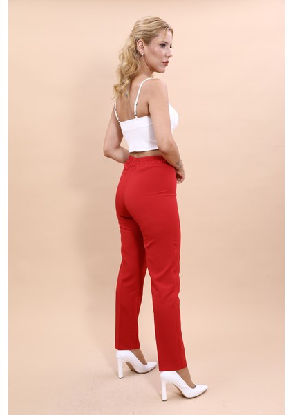 Beli Lastikli Fermuarlı Boru Paça Pantolon -Kırmızı fırsatları