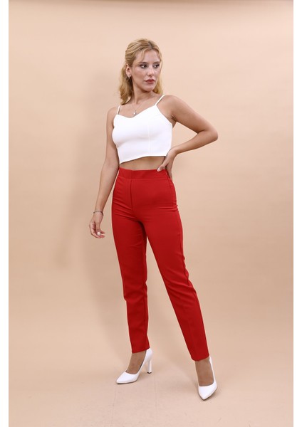 Beli Lastikli Fermuarlı Boru Paça Pantolon -Kırmızı indirimleri
