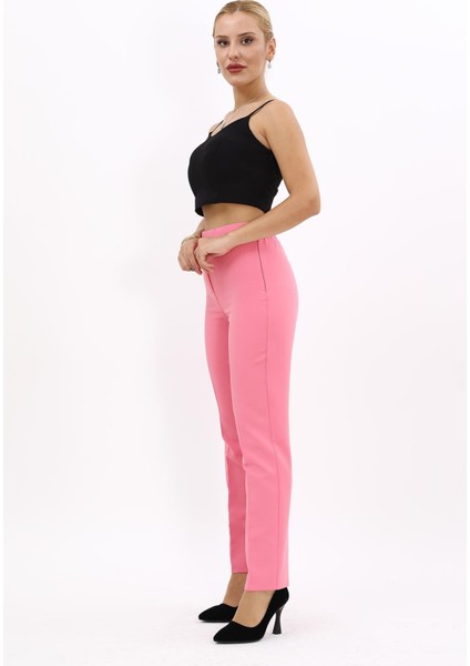 Beli Lastikli Fermuarlı Boru Paça Pantolon -Pembe