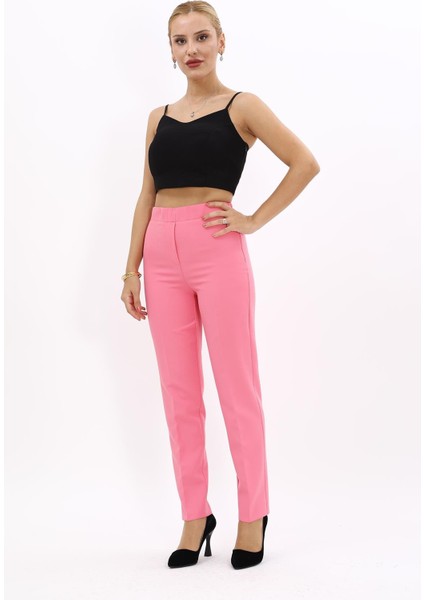 Beli Lastikli Fermuarlı Boru Paça Pantolon -Pembe fırsatları