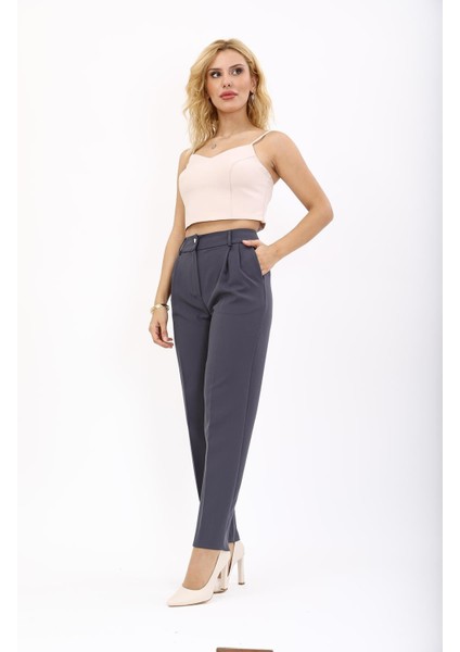 Kemerli Köprülü Dar Paça Pantolon-Füme