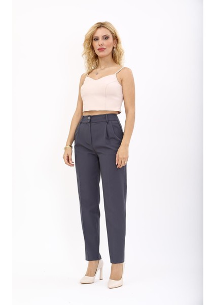 Kemerli Köprülü Dar Paça Pantolon-Füme indirimleri