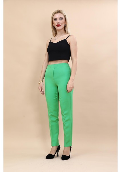 Beli Lastikli Fermuarlı Boru Paça Pantolon -Yeşil fırsatları
