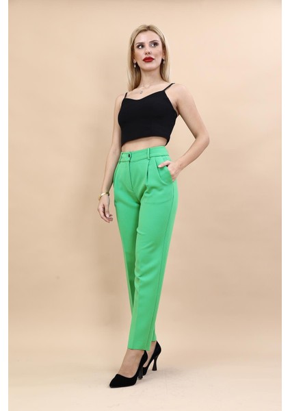 Kemerli Köprülü Dar Paça Pantolon-Yeşil