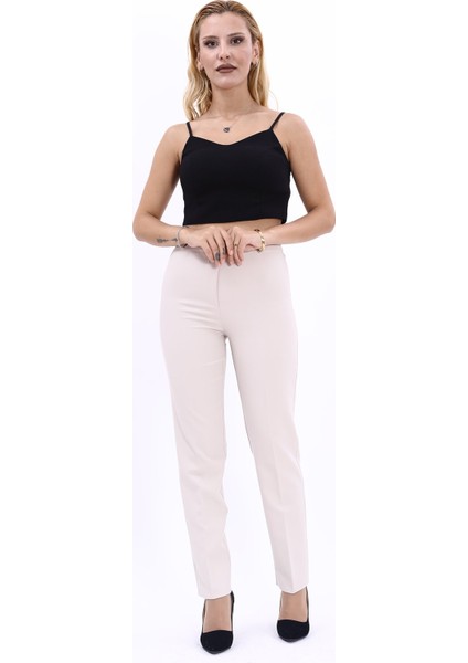 Beli Lastikli Fermuarlı Boru Paça Pantolon -Bej