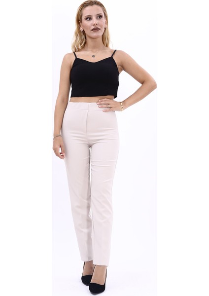Beli Lastikli Fermuarlı Boru Paça Pantolon -Bej fiyatları