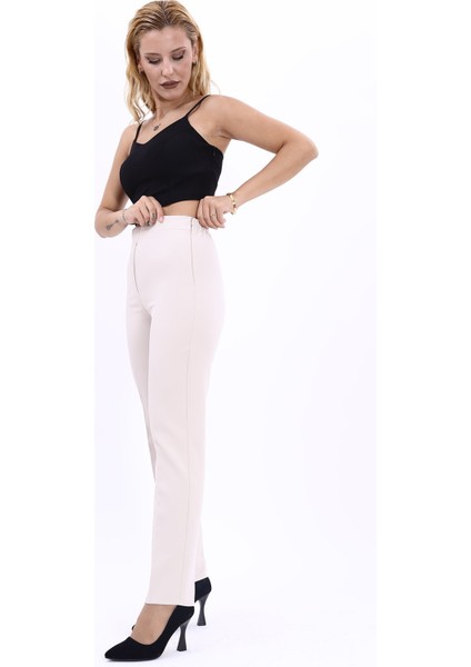 Beli Lastikli Fermuarlı Boru Paça Pantolon -Bej modelleri
