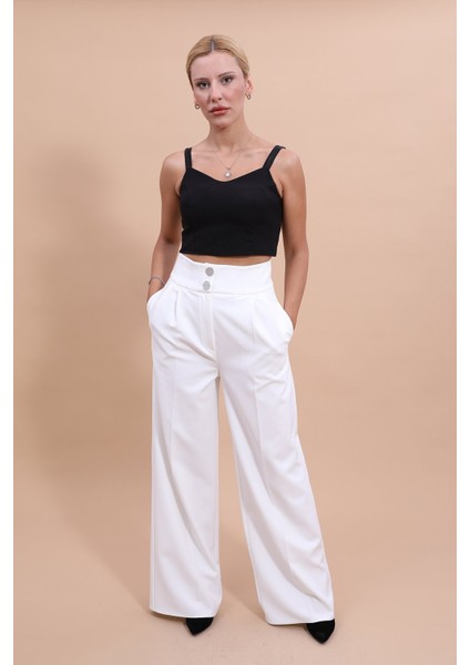 Yüksek Bel Pileli Bol Paça Pantolon-Beyaz