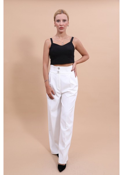 Yüksek Bel Pileli Bol Paça Pantolon-Beyaz fiyatları