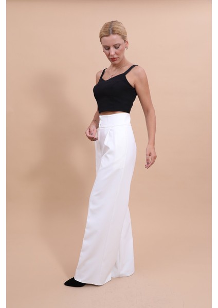 Yüksek Bel Pileli Bol Paça Pantolon-Beyaz modelleri