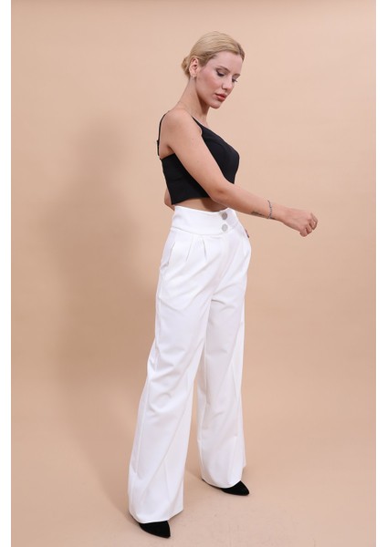 Yüksek Bel Pileli Bol Paça Pantolon-Beyaz fırsatları