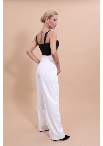 Yüksek Bel Pileli Bol Paça Pantolon-Beyaz indirimleri