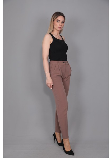 Kemerli Köprülü Dar Paça Pantolon-Kahve modelleri